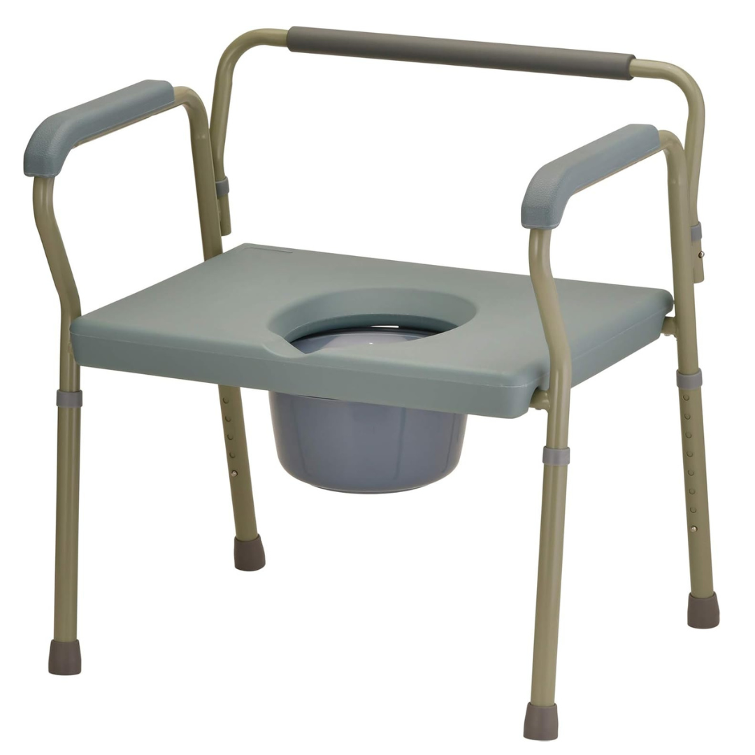 The Nova Bariatric Bedside Commode, featuring a green finish and extra-wide seat, offers adjustable armrests with a drop-arm design for easy transfers. It includes a removable bucket and sturdy legs with rubber tips for stability.